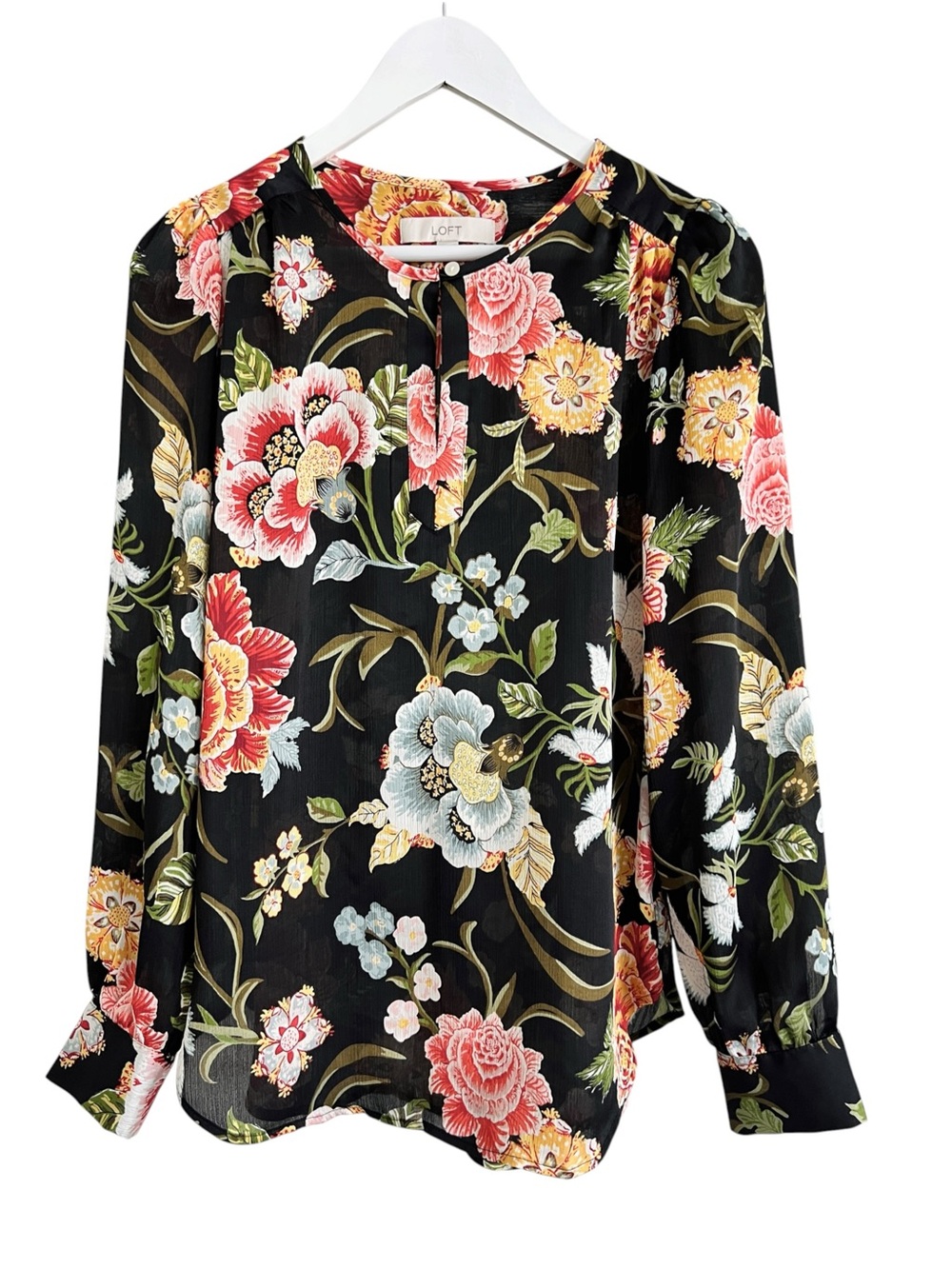LOFT Black Floral Keyhole Long Sleeve Blouse